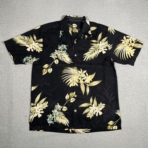 Tommy Bahama Shirt Mens Medium Black Floral Silk Blend Loop Collar Camp Casual